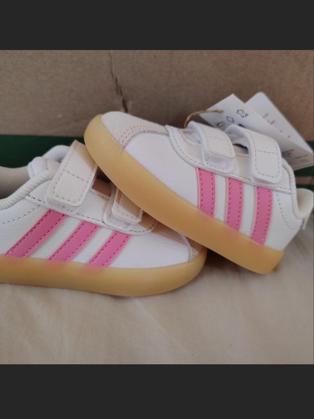 adidas White Sneakers with Pink Stripes and Gum Soles - Kids